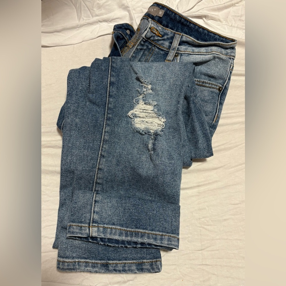 Just USA Blue Straight Leg Jeans with Distressed Details